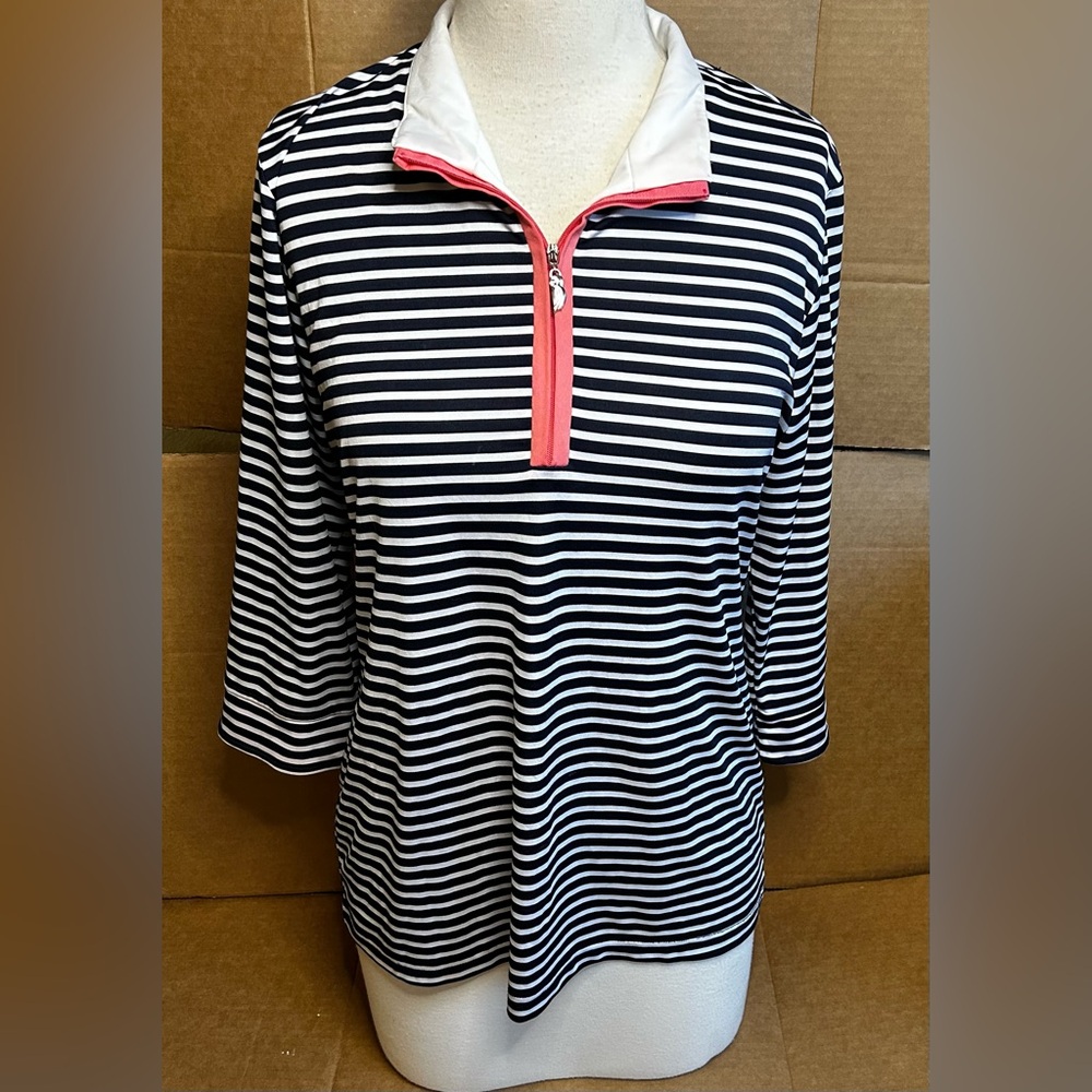 SPORT HALEY Women’s Size Large 3/4 Sleeve Quarter Zip Shirt Golf Navy Striped.